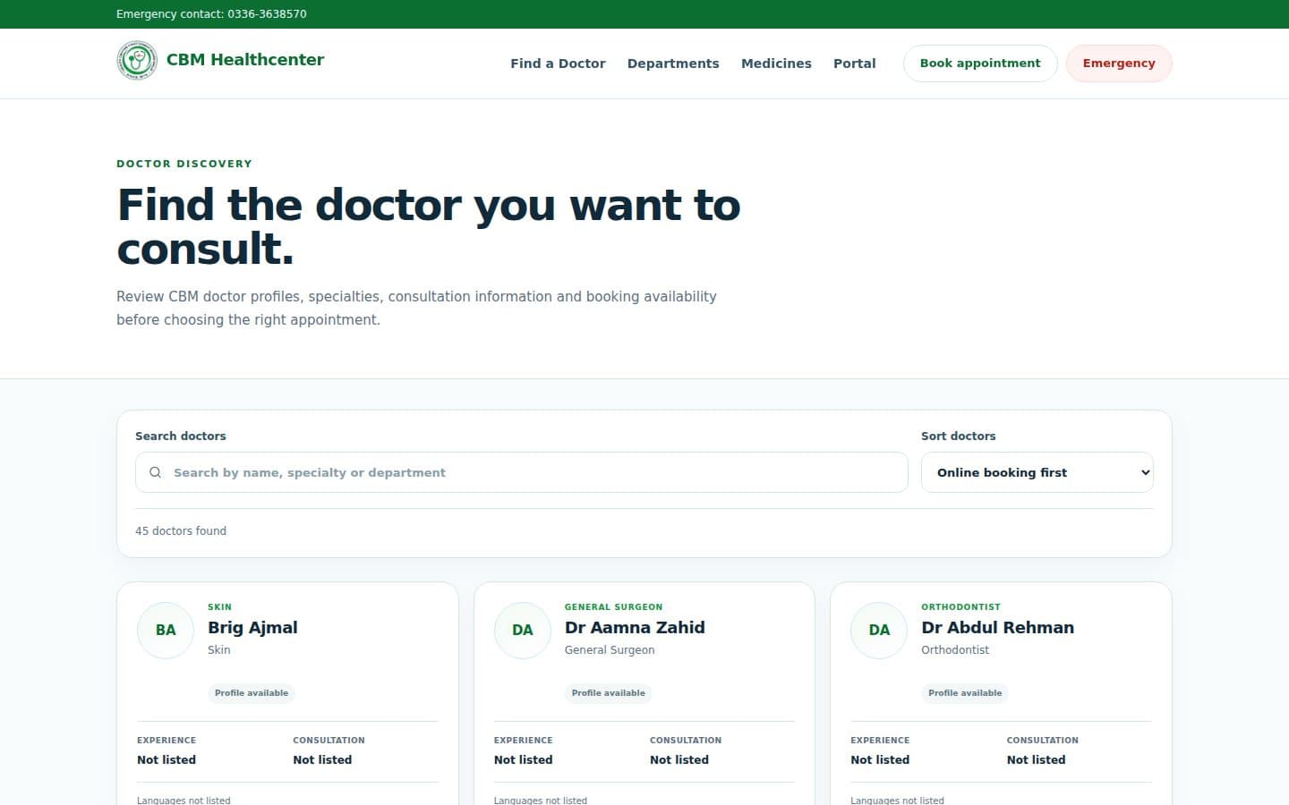 Cantonment Board Malir Hospital practitioner discovery interface